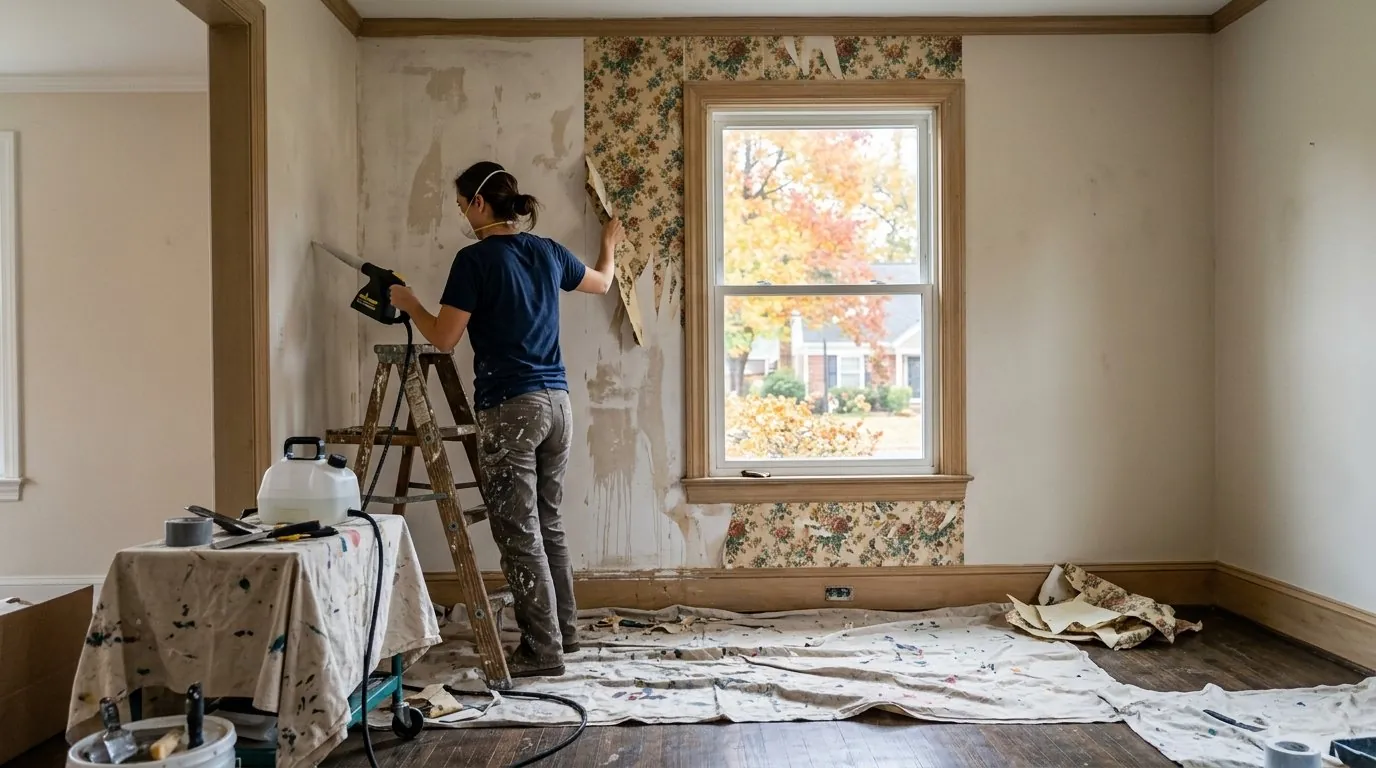 Painter performing wallpaper removal in Charlotte home before repainting walls in a warm fall color