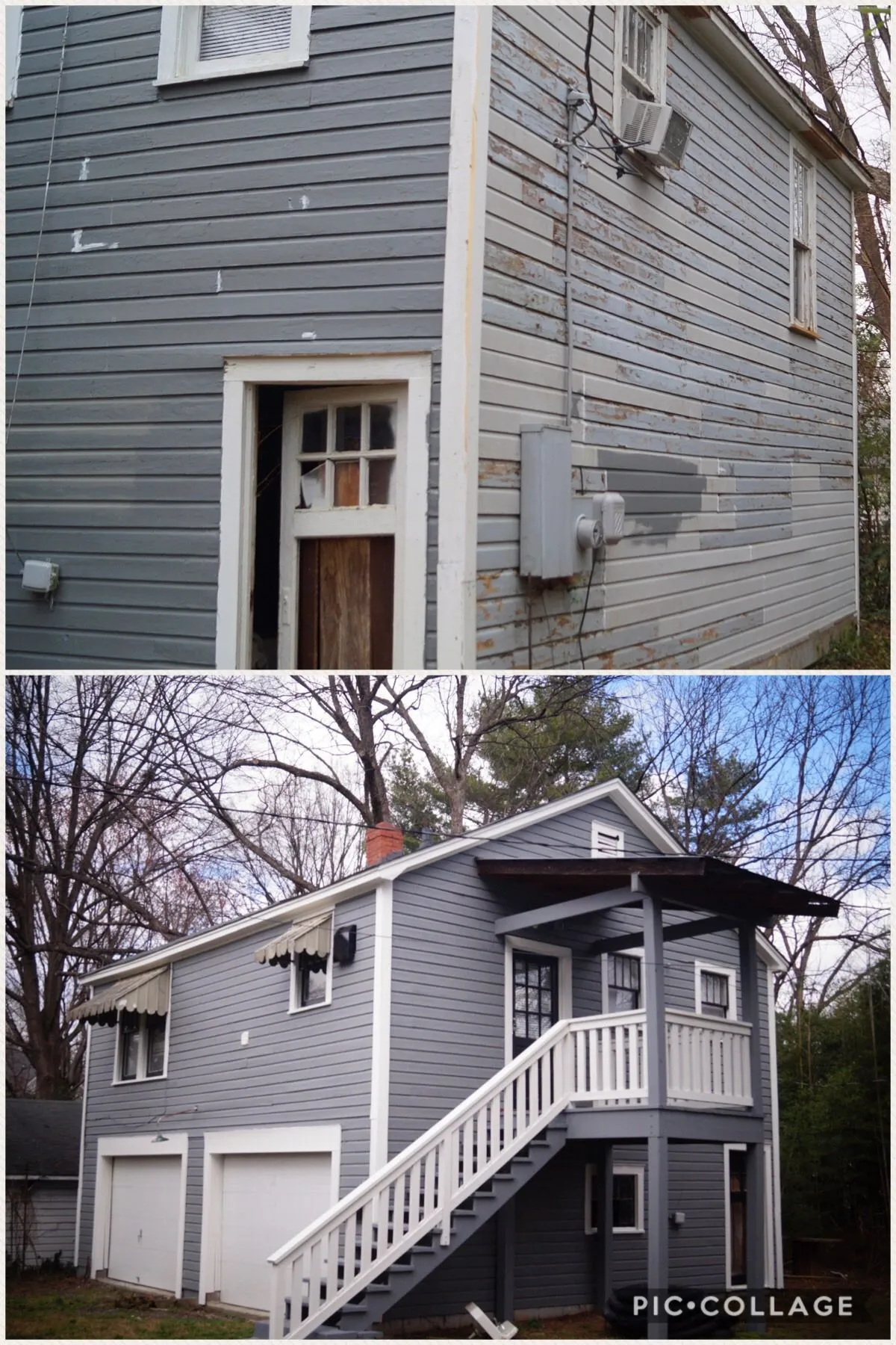 Before and after exterior view of a two-story house, gray siding, with a new porch and garage.