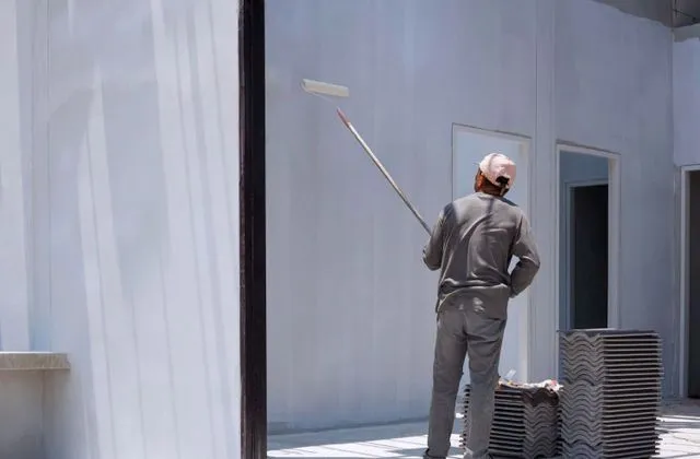 Person painting an exterior wall with a paint roller on a long handle; construction site.