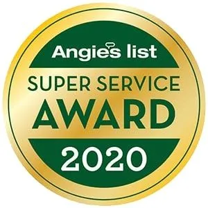 Angie's List Super Service Award 2020 badge, gold and green, circular design.