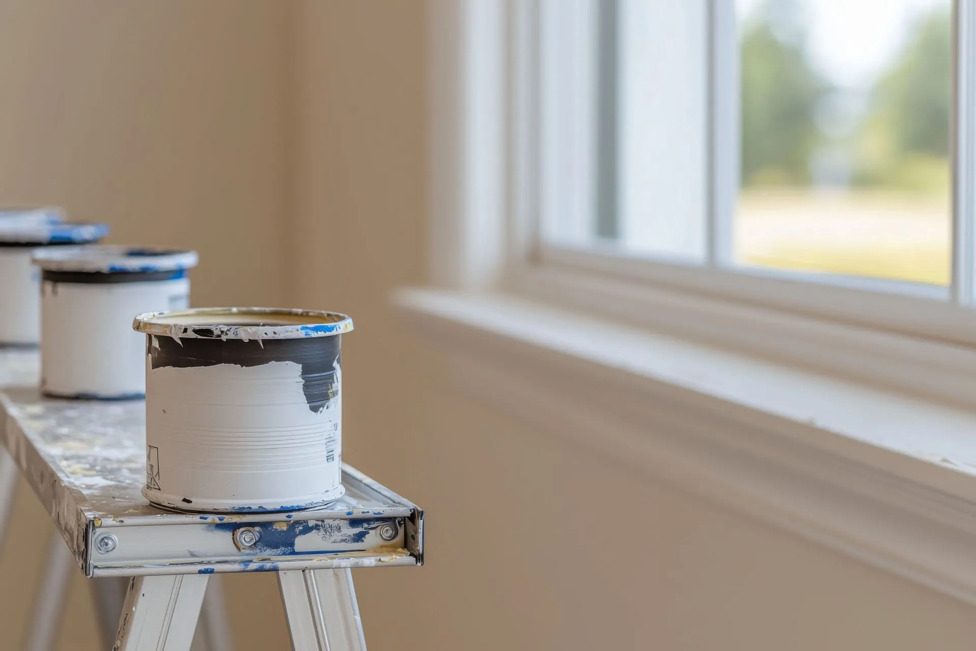 Paint cans on a work surface near a window in a room being painted; white walls and trim.