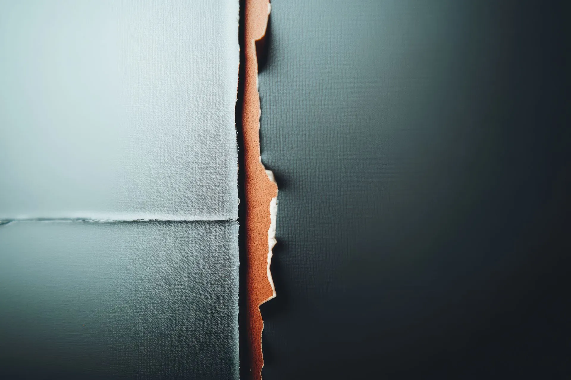 Torn paper exposing a brown layer between two sections of blue and gray paper.